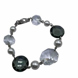Lauren Conrad Silver Tone Crystal Bracelet Toggle Gray White Faux Pearls 7.5"